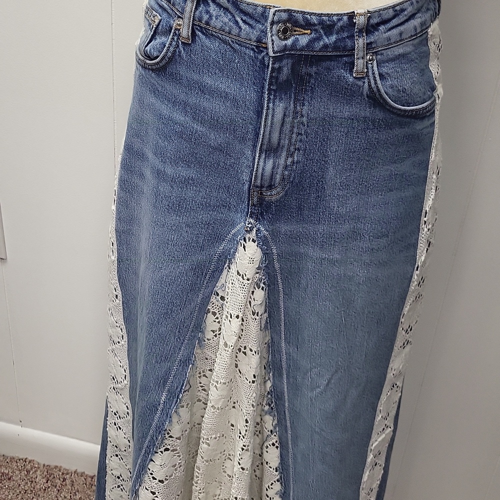 Boho Denim Maxi Skirt with White Lace Panels, Size 8 - Picture 3 of 11